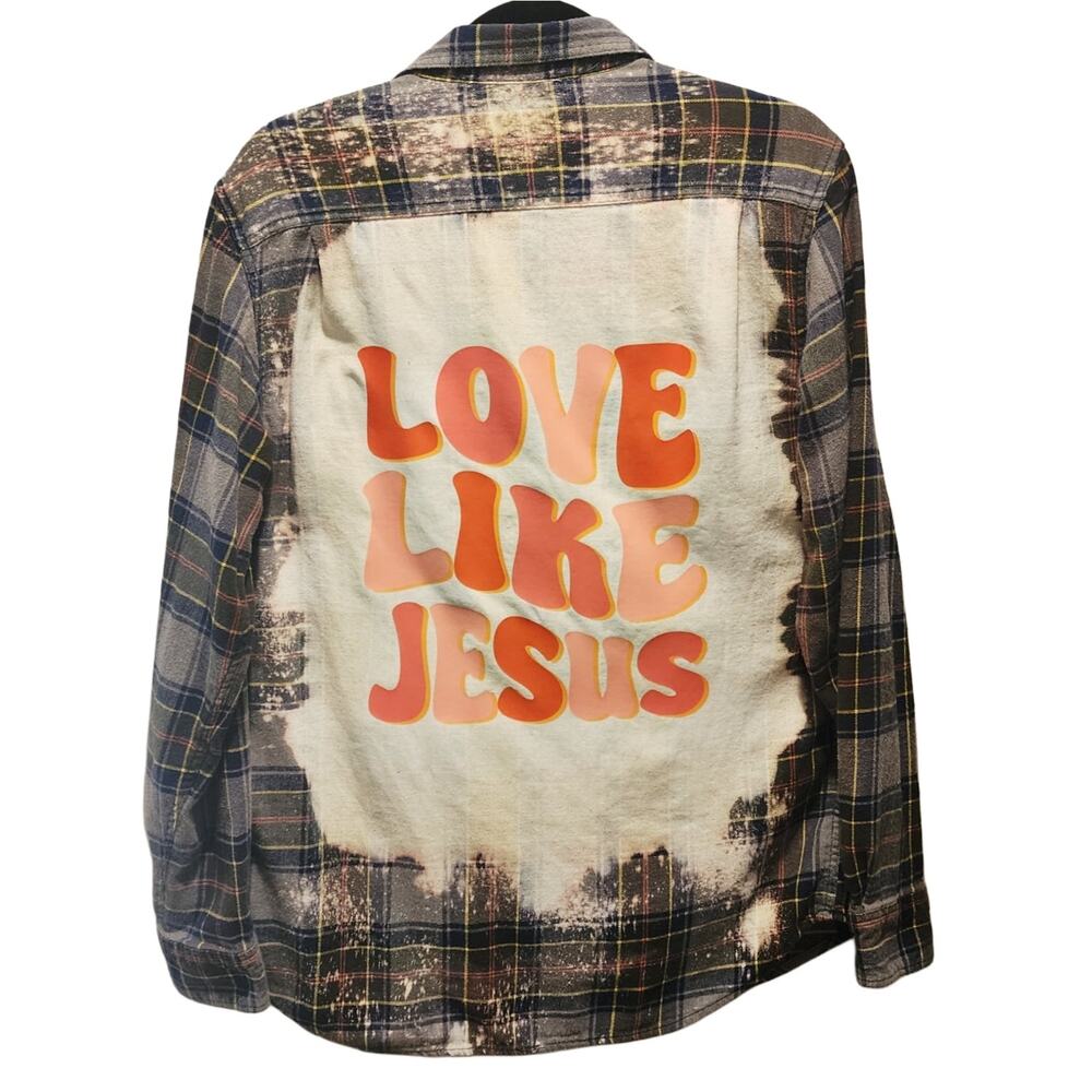 Love Like Jesus Custom Christian Upcycled Plaid Flannel Shirt, Women's M